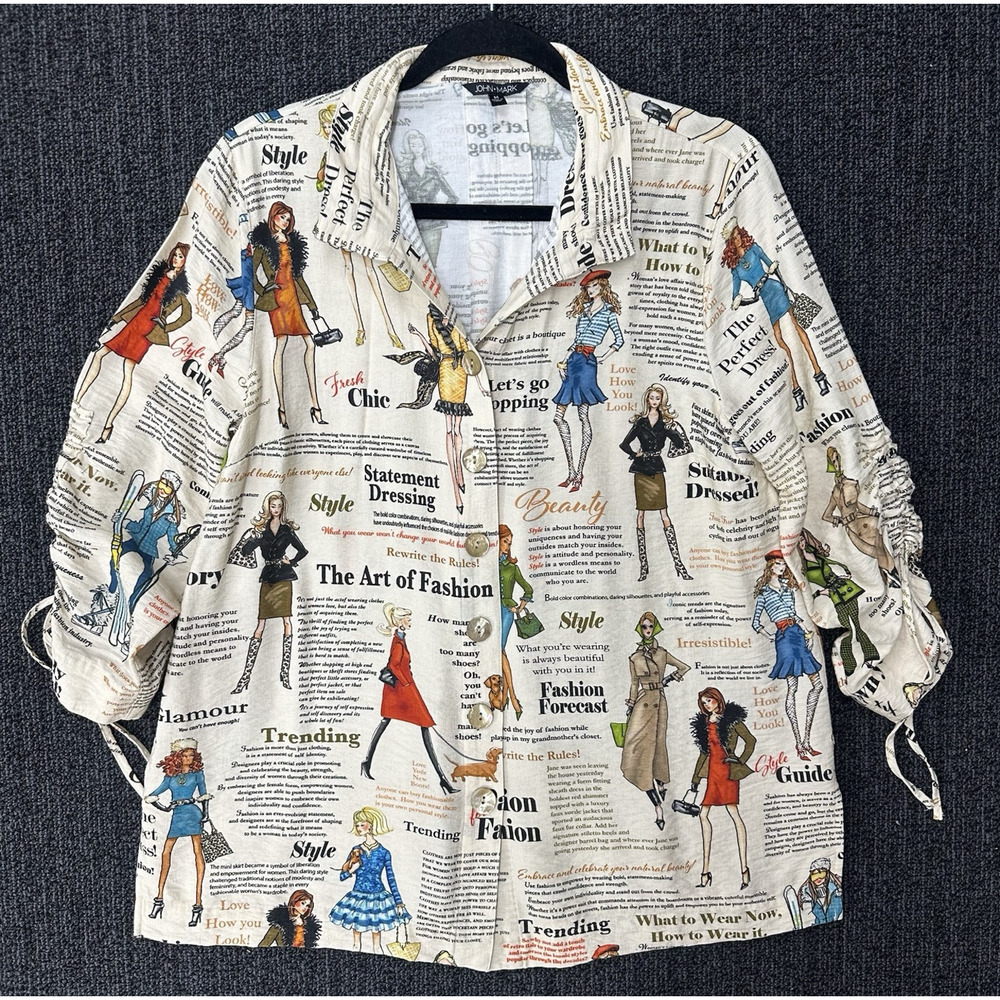 John Mark Button Up Wire Neck Collar Fashion Newsprint Rayon Button 3/4 Sleeve M